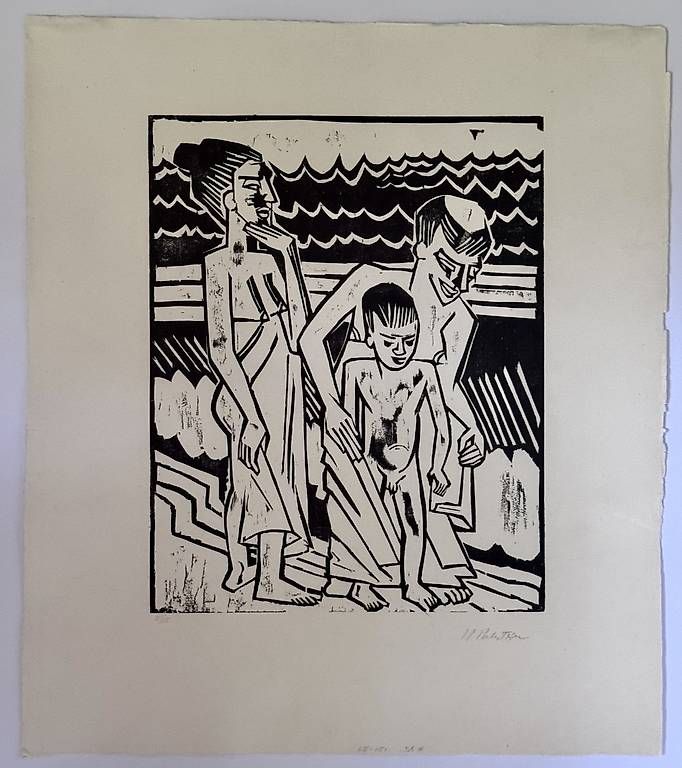 Xilografie: MAX PECHSTEIN - Holzschnitt "Badende mit Kind", 1920 – Usato da Basel venduto da accidental