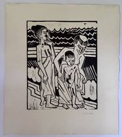 MAX PECHSTEIN - Holzschnitt "Badende mit Kind", 1920