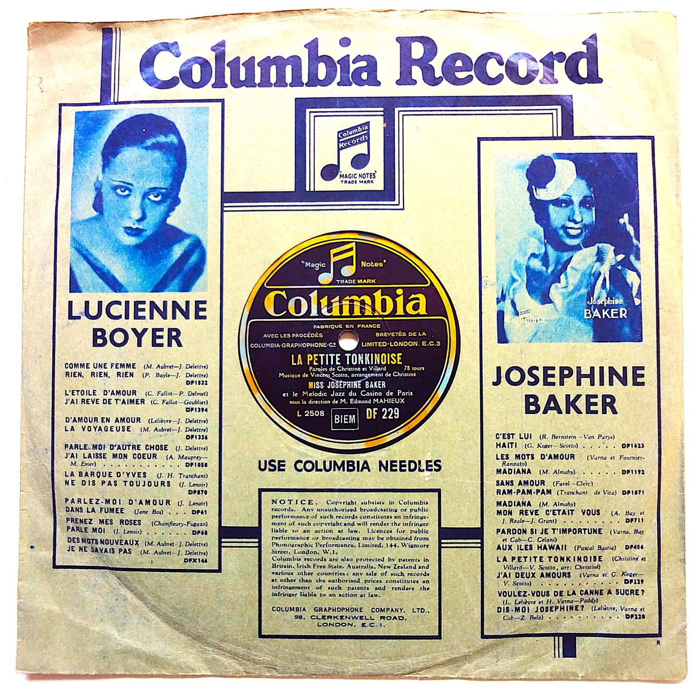Dischi in vinile: Josephine Baker, schöne Schellackplatte mit Original-Hülle – Usato da Hemishofen venduto da Phonomandy
