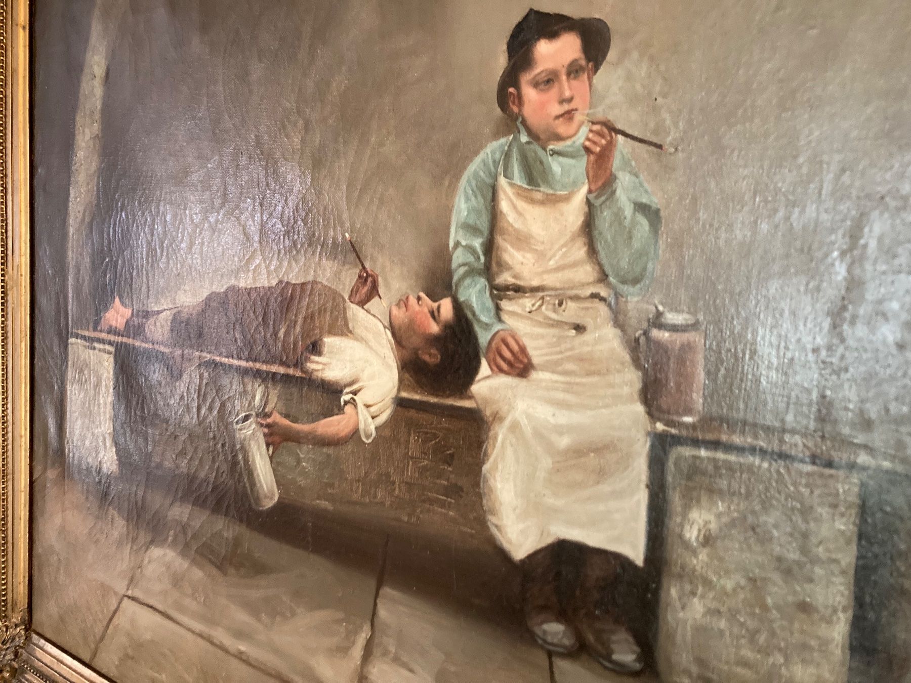 Gemälde: Gemälde Öl auf Leinwand von K.Hartmann "Handwerkerpause" – Gebraucht aus Luzern von Aura13 1