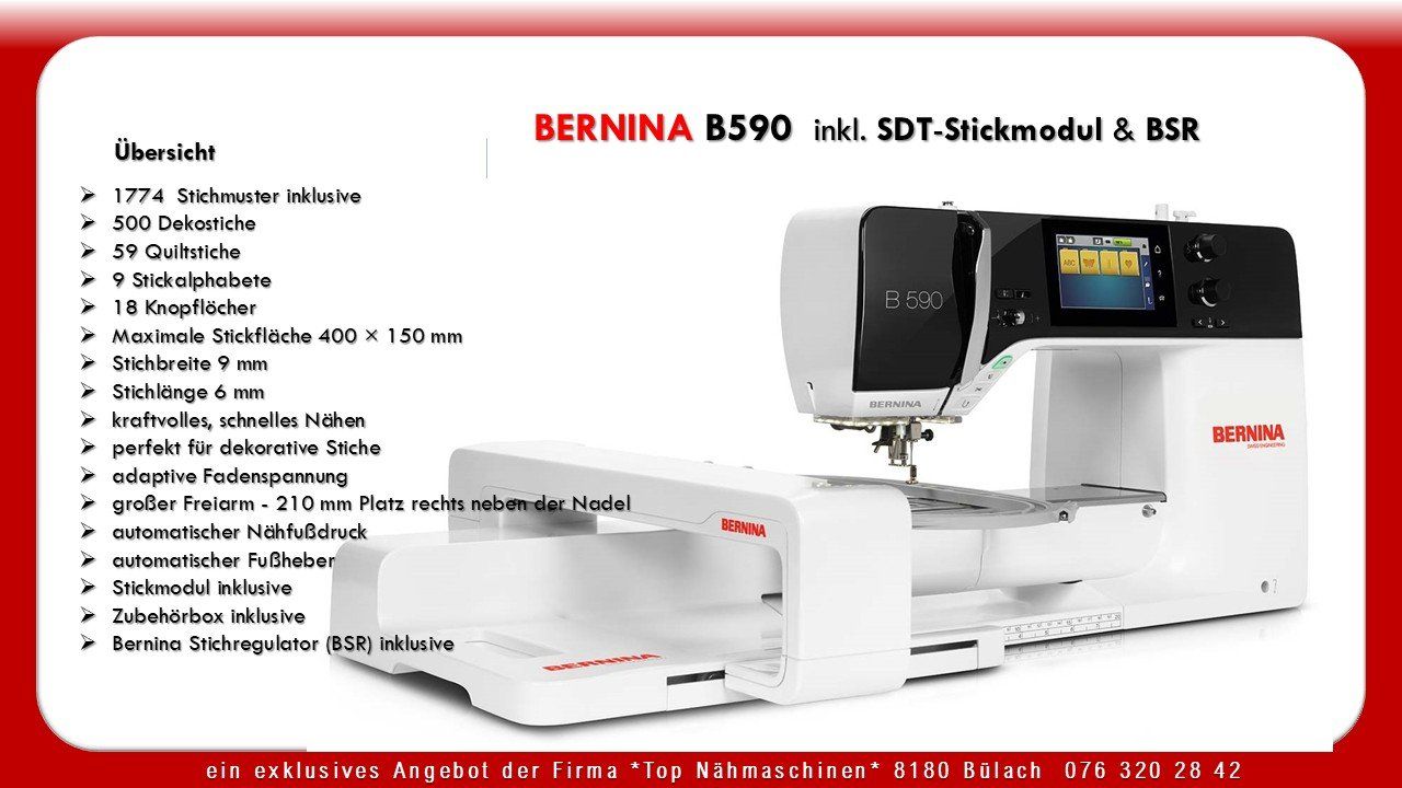 Bernina Macchine da cucire: Bernina 590 inkl. SDT- Stickmodul & BSR – Nuovo e nell'imballaggio originale da Bülach venduto da topnaehmaschinen 1