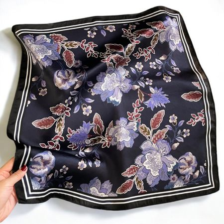 New 53cm 100% Silk Scarf, Halstuch, Navy Blue Floral Scarf