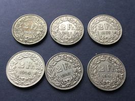 6 X 2 Franken Silbermünze zum Teil selten VZ