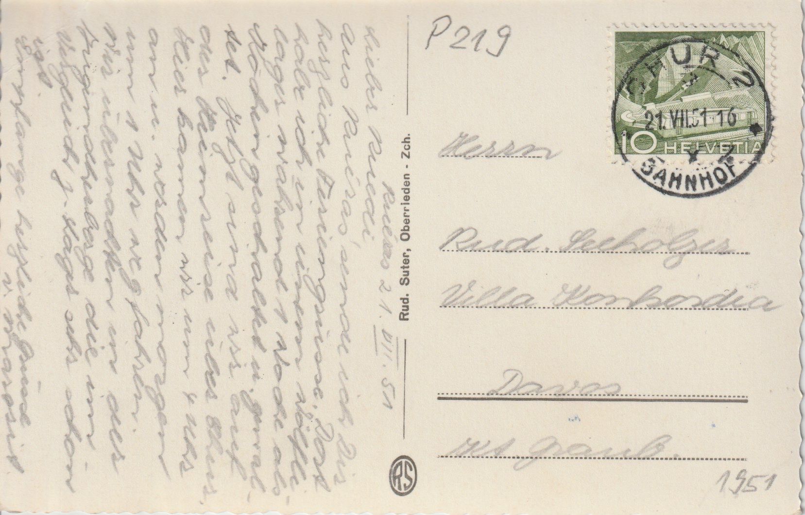 Cartoline postali: P 219 Sedrun, 1951 – Usato da Freienbach venduto da Bhaltis 1