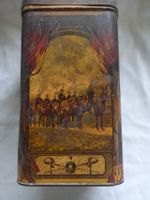 Boîte ancienne en fer blanc Etienne Huber, thèmes militaires