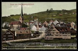 AK Gais /Appenzellerland, Ortsansicht mit Kirche u. Hügelpan