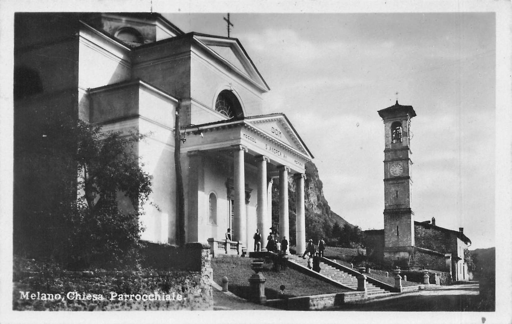 Cartoline postali: Melano (TI) Chiesa parrocchiale e campanile – Usato da Biasca venduto da Blenio71