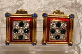 TOP! Prächtige Vintage Ohrclips Glitzersteine grün-blau-klar