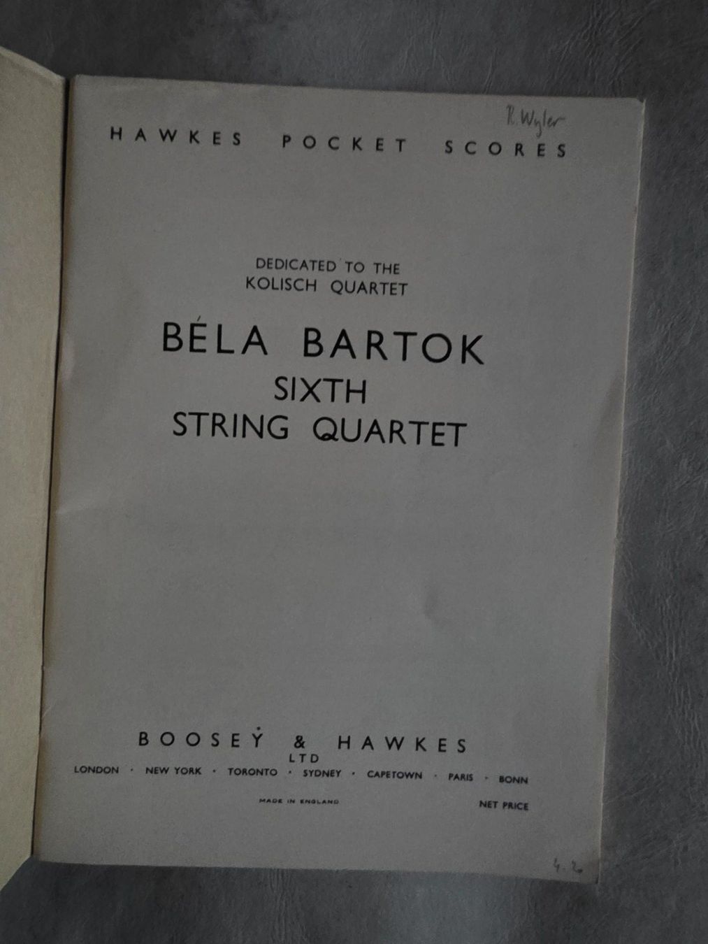 Libri: Béla Bartok - Hawkes Pocket Scores -  Sixth String Quartet – Usato da Walterswil BE venduto da Lonitti 2