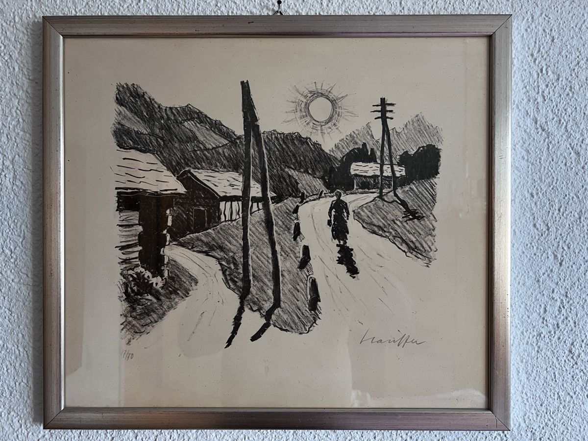 Grafiken & Lithographien: Fred Stauffer Litho Landschaft mit Hütte und Sonne – Gebraucht aus Neuenegg von Magosaurus