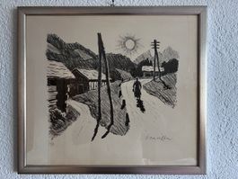 Fred Stauffer Litho Landschaft mit Hütte und Sonne