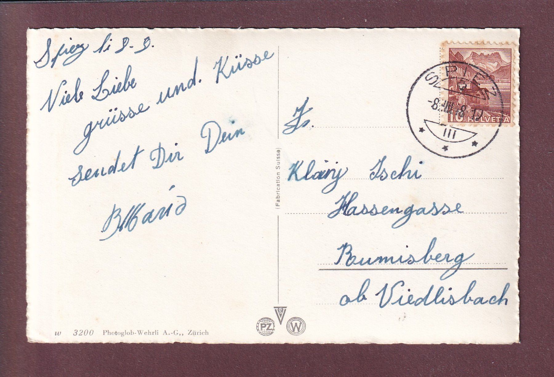 Ansichtskarten: SPIEZ - Schloss - 1948 – Gebraucht aus Pully von nicecards 1