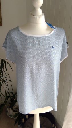 T-shirt blanc & motifs bleus satiné TBS, taille 38, NEUF