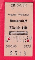SBB KARTON BILLETT, BASSERSDORF - ZÜRICH HB, RETOUR, 2.KLASS