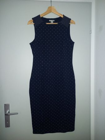 Elegantes, unkelblaues Kleid, weisse Pünktchen, Grösse 38 M