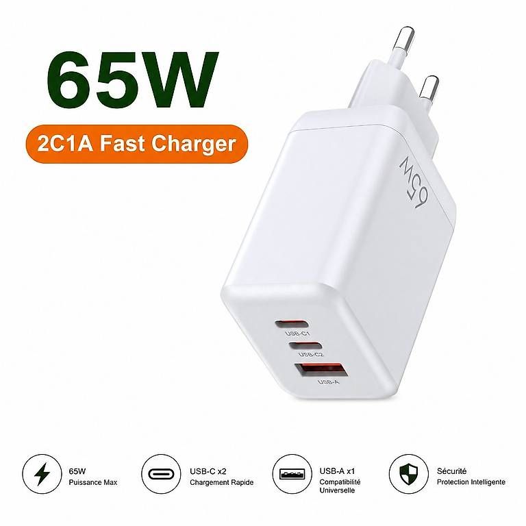 Caricabatterie: Chargeur GaN 65W USB-C PD PPS Charge rapide 2 USB-C + USB-A – Usato da Paudex venduto da Deals_Suisse