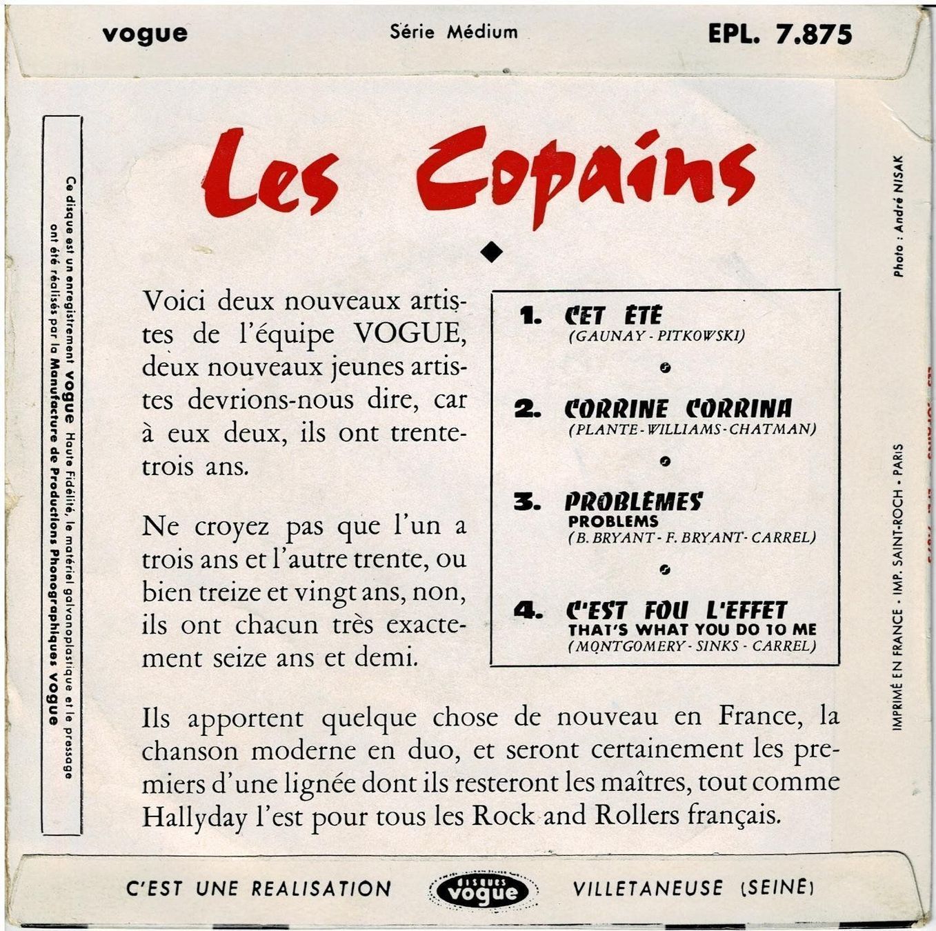 Dischi in vinile: Les Copains - EP - Cet été +3 – Usato da Noréaz venduto da Hallyday 1