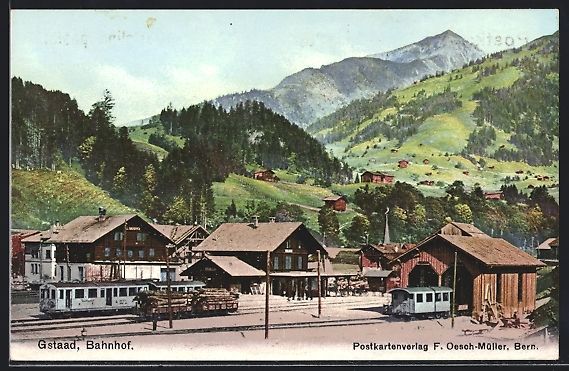 Cartoline postali: AK Gstaad, Blick zum Bahnhof, Eisenbahn – Usato da Berlin venduto da bartko-reher