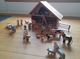 Holz-Bauernhof inkl. viele Holztiere & Kutsche / Schlitten