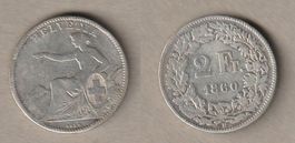 2 Franken 1860 und 1862 Sitzende Helvetia