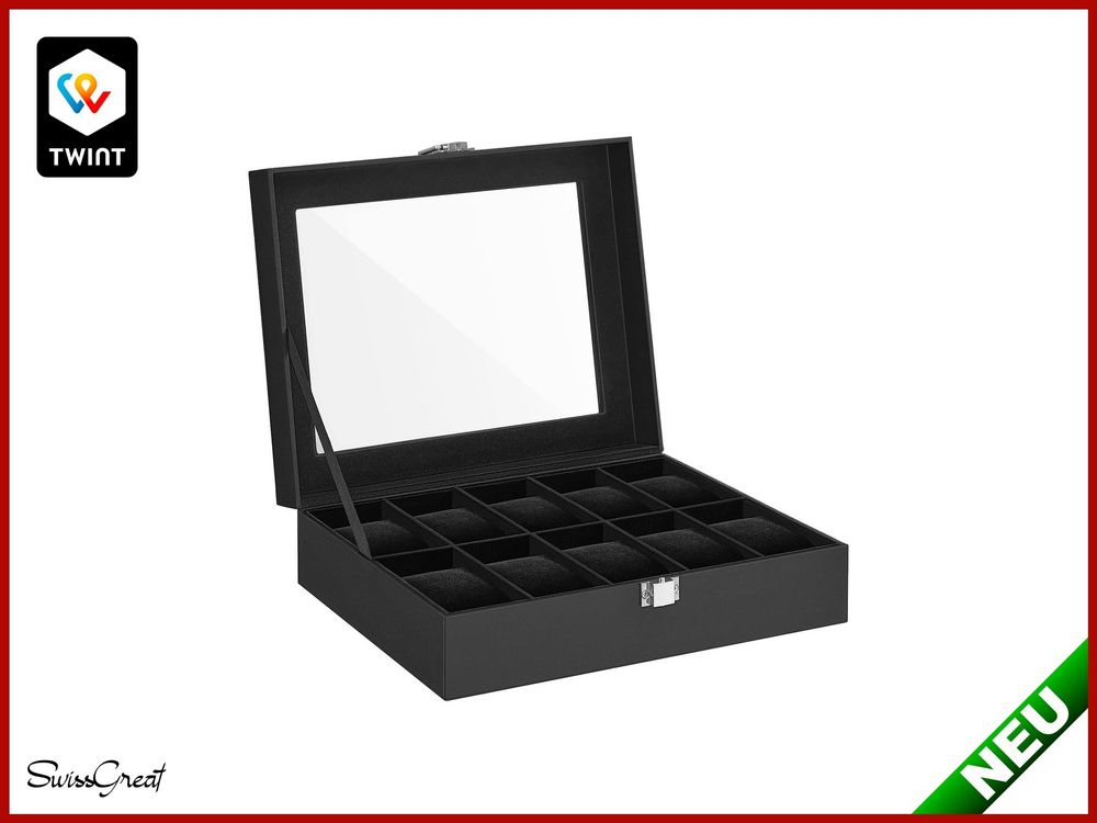 Uhrenbox Mit 20 Fächern & Glasdeckel - Samtfutter Mit Schlüsselschloss