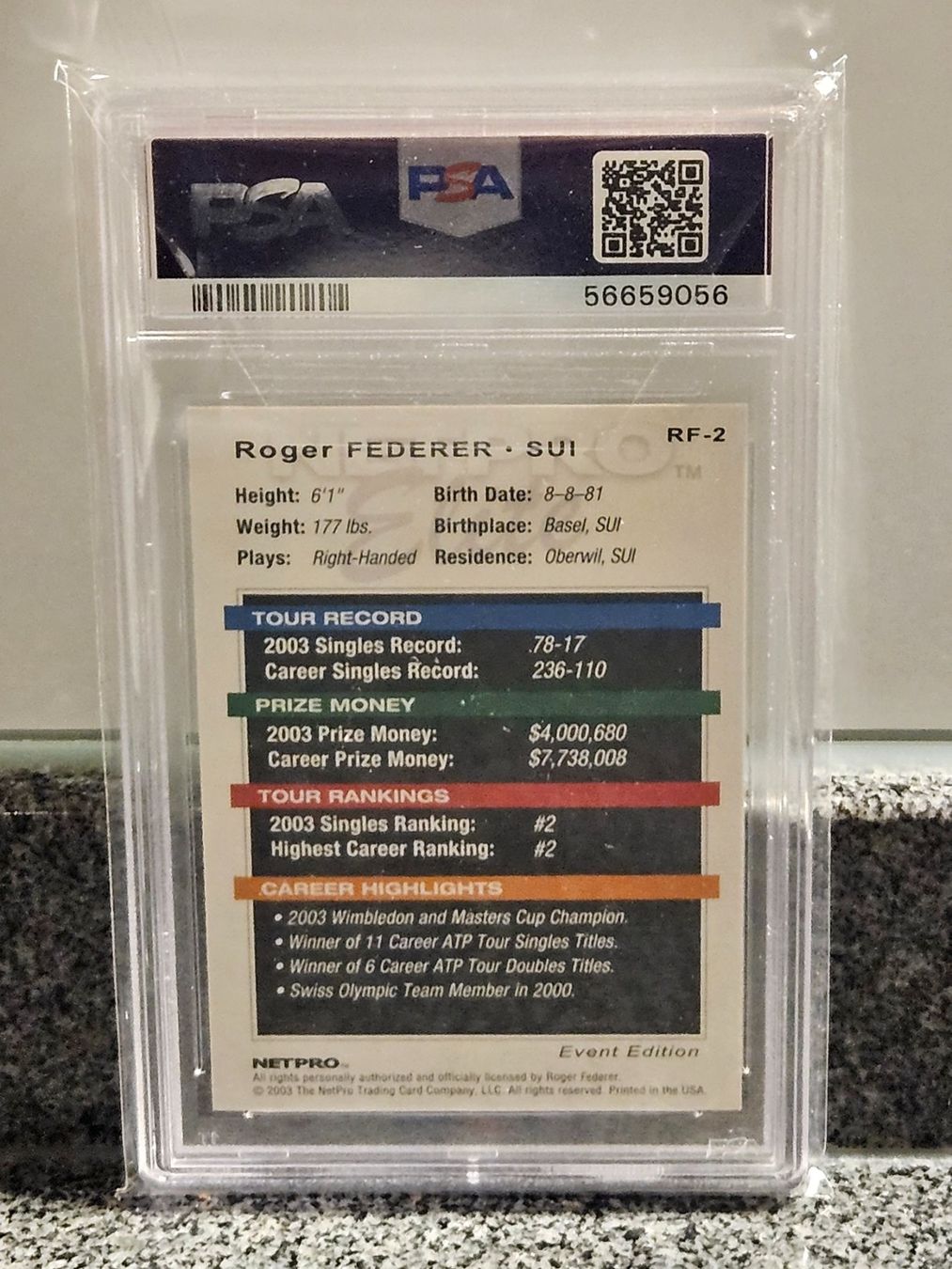Carte collezionabili: Roger Federer Rookie Card / PSA 10 GEM MINT / 2003 Netpro – Nuovo e nell'imballaggio originale da Oberdorf BL venduto da BaldenEagle 1