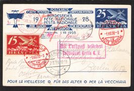 FDC Bundesfeierkarte 1928 Nr. 47ll,Flug Le Locle - Basel,rot