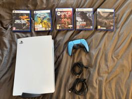 Console PlayStation 5 avec 5 jeux et manette bleue