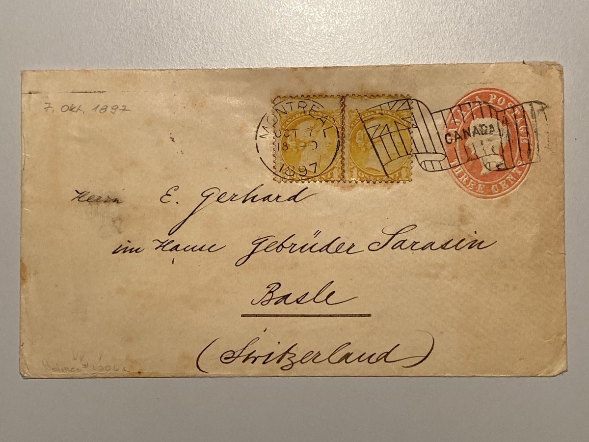 Alle Briefmarken: Canada 1897, 2x One/ Three Cents, gest. Montreal/Basel St.A. – Gebraucht aus Emmenbrücke von Raro-Valioso