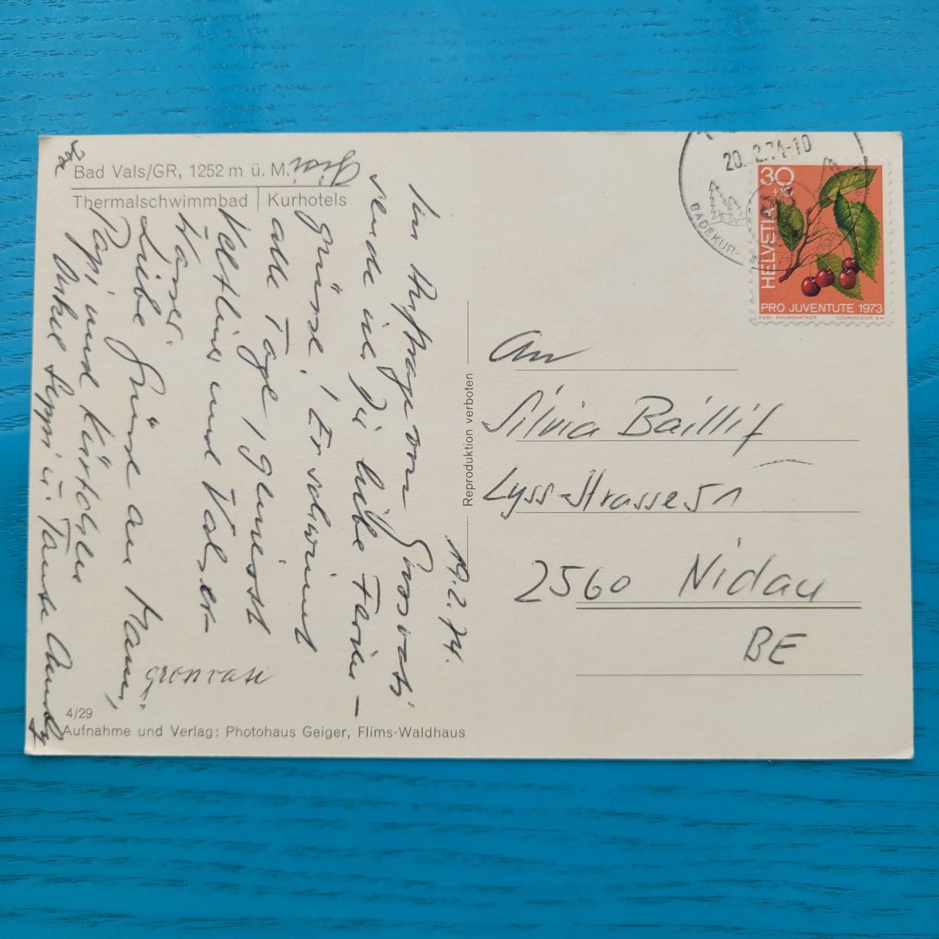 Cartoline postali: Bad Vals ( GR) 1974 – Usato da SCHÜBELBACH venduto da CoKaHa 1