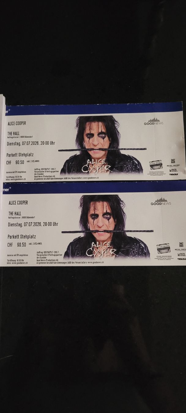 Billets: Alice Cooper 7.7.2026 / 2 Tickets – Neuf avec emballage d'origine à Nänikon par evergreen72