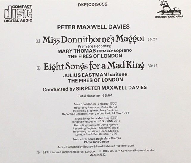 CD: Peter Maxwell Davies - Miss Donnithorne's Maggot – Usato da Grüningen venduto da azulamarillo 1