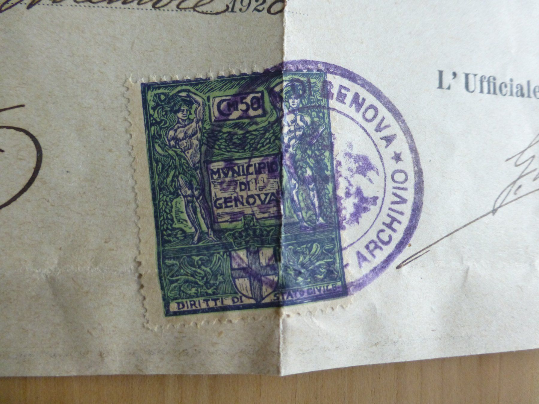 Documenti: Fiskalmarken 50ct. Todes Bestätigung, Genua 1920 – Usato da Bettlach venduto da 1saurer 2