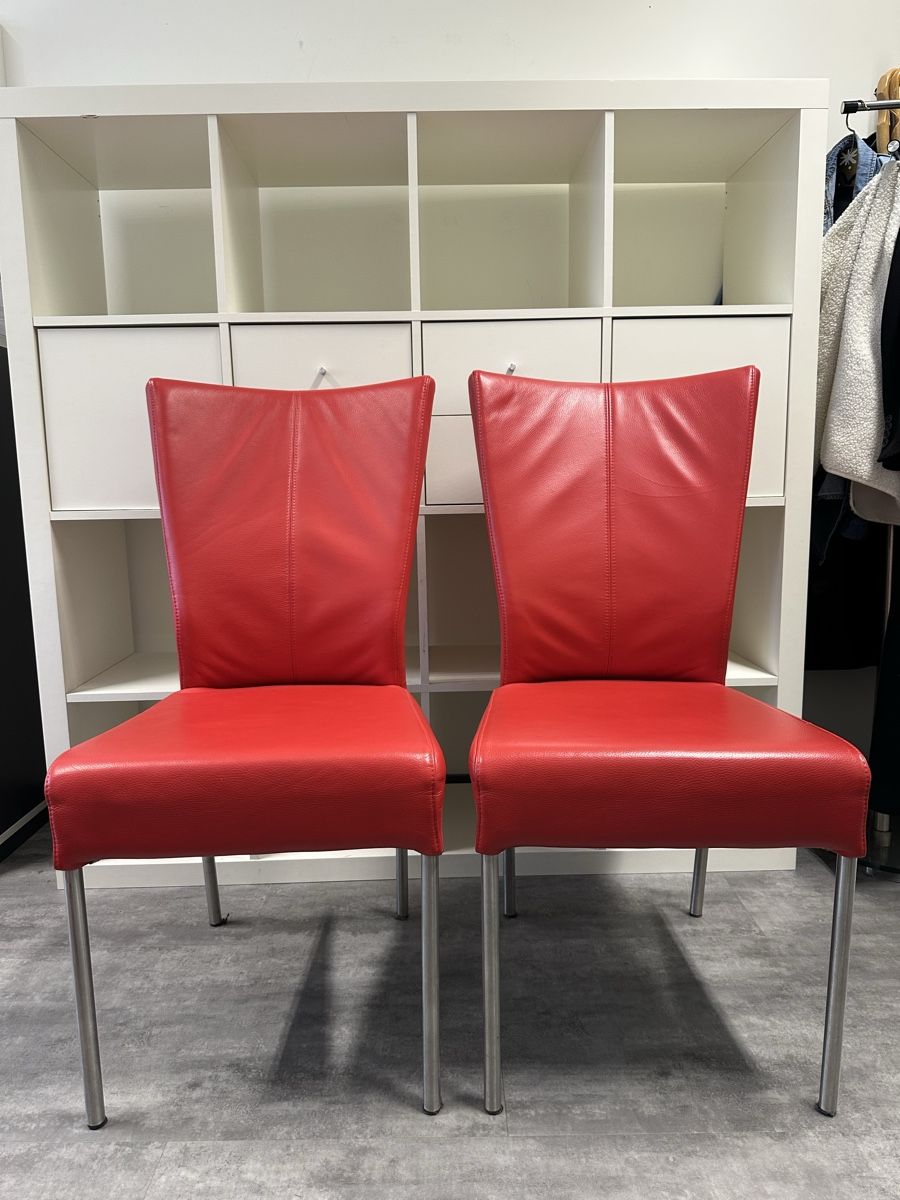 Sedie: 2er Set: Moderne, rote Lederstühle mit Chromgestell – Usato da Muttenz venduto da Tschulietta_105