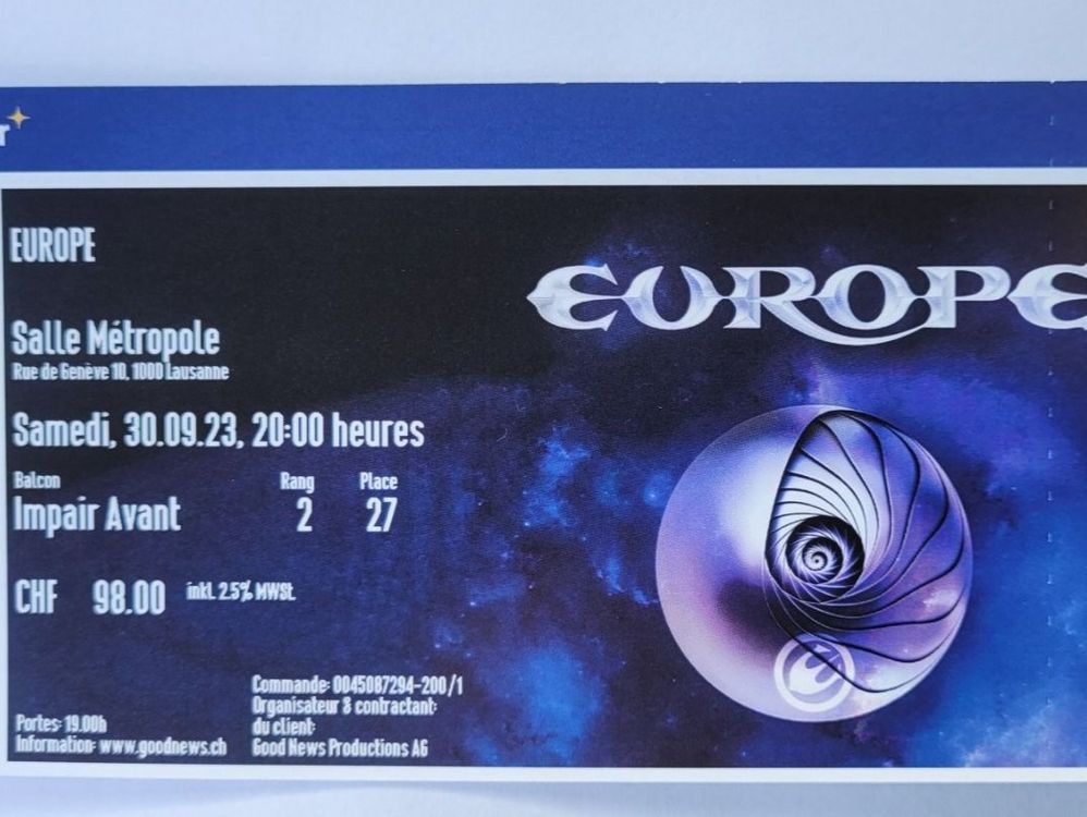 Billet pour le concert du groupe Europe à Lausanne (Neu und ...