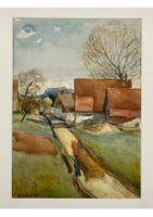 Aquarell Gemälde "Dorfstrasse", G. Schmid, 1958, Goldrahmen