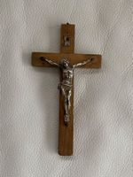 Altes kleines Holz-Kruzifix Jesus aus Metall Länge 13 cm