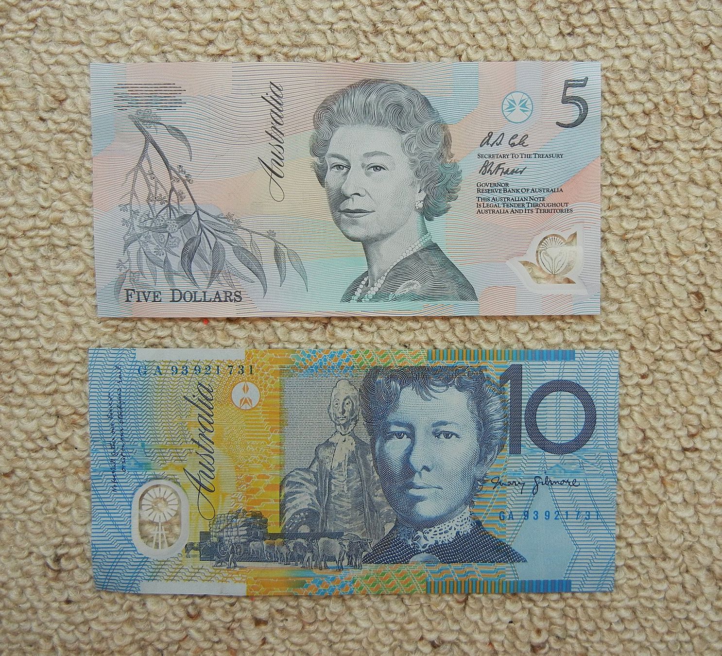 Banconote: AUSTRALIEN 5 + 10 DOLLARS mit QUEEN ELISABETH – Usato da Bern venduto da Mekongbeach 2