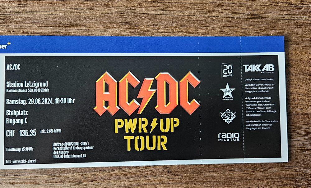 AC/DC Ticket, 1 Stk., 29.06.2024, Letzigrund Zürich (Neu (gemäss ...