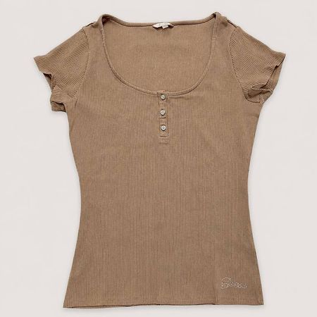 GUESS Damen Oberteil Braun Beige gerippt mit Glitzerknöpfen