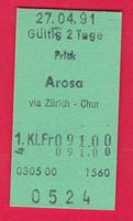 KARTON-BILLETT, FRICK - AROSA, 1.KLASSE, EINFACH, 27.4.1991