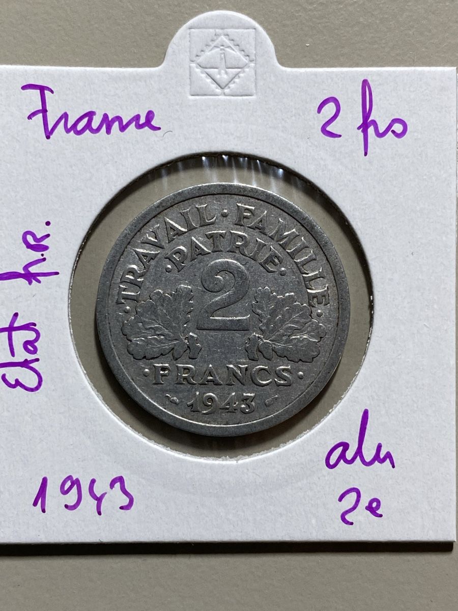 Alle Münzen: France - 2 francs - 1943 – Gebraucht aus Payerne von Mike1682