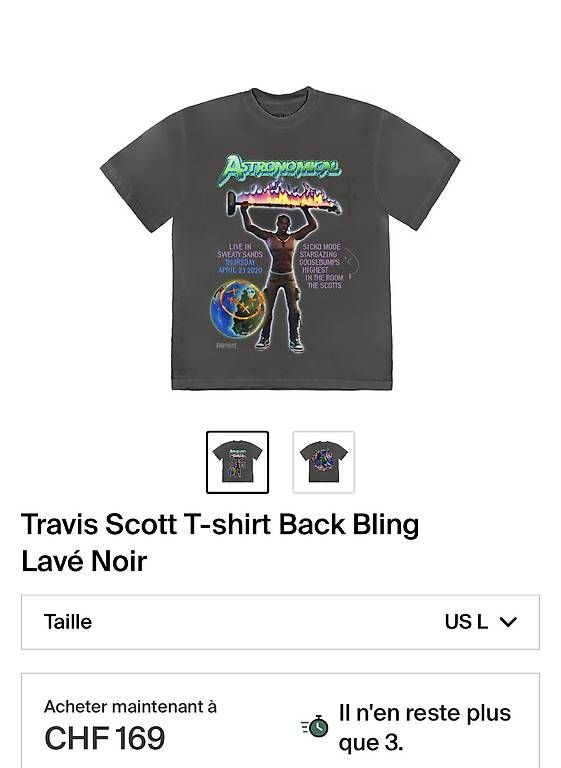 T-shirt: Travis Scott Back Bling T-shirt – Nuovo e nell'imballaggio originale da Fleurier venduto da pin_g8bs