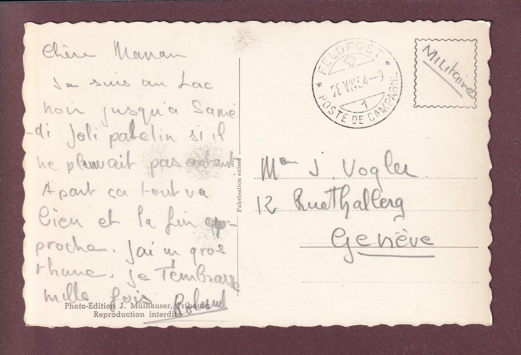 Cartoline postali: SCHWARZSEE / LAC NOIR - 1954 – Usato da Pully venduto da nicecards 1