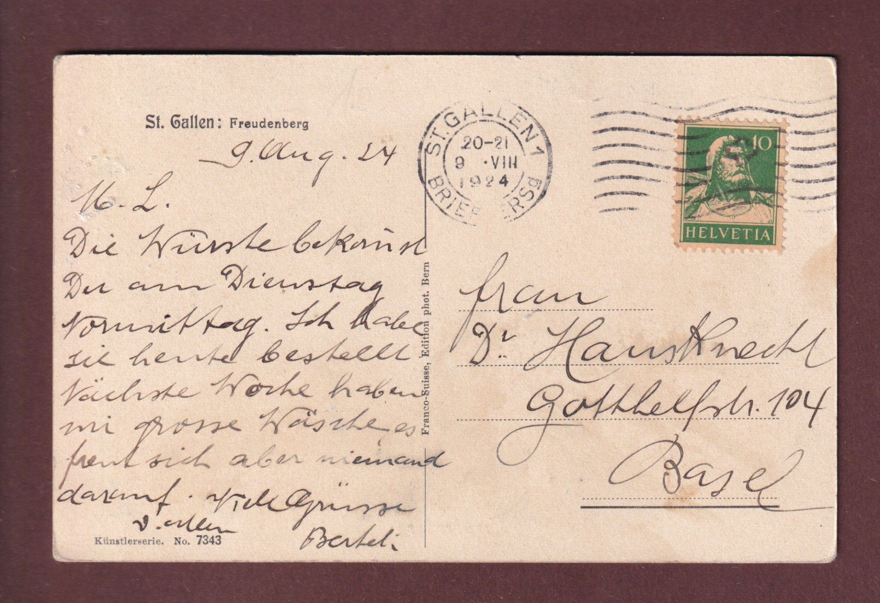 Cartoline postali: ST. GALLEN - Freudenberg - 1924 – Usato da Pully venduto da nicecards 1