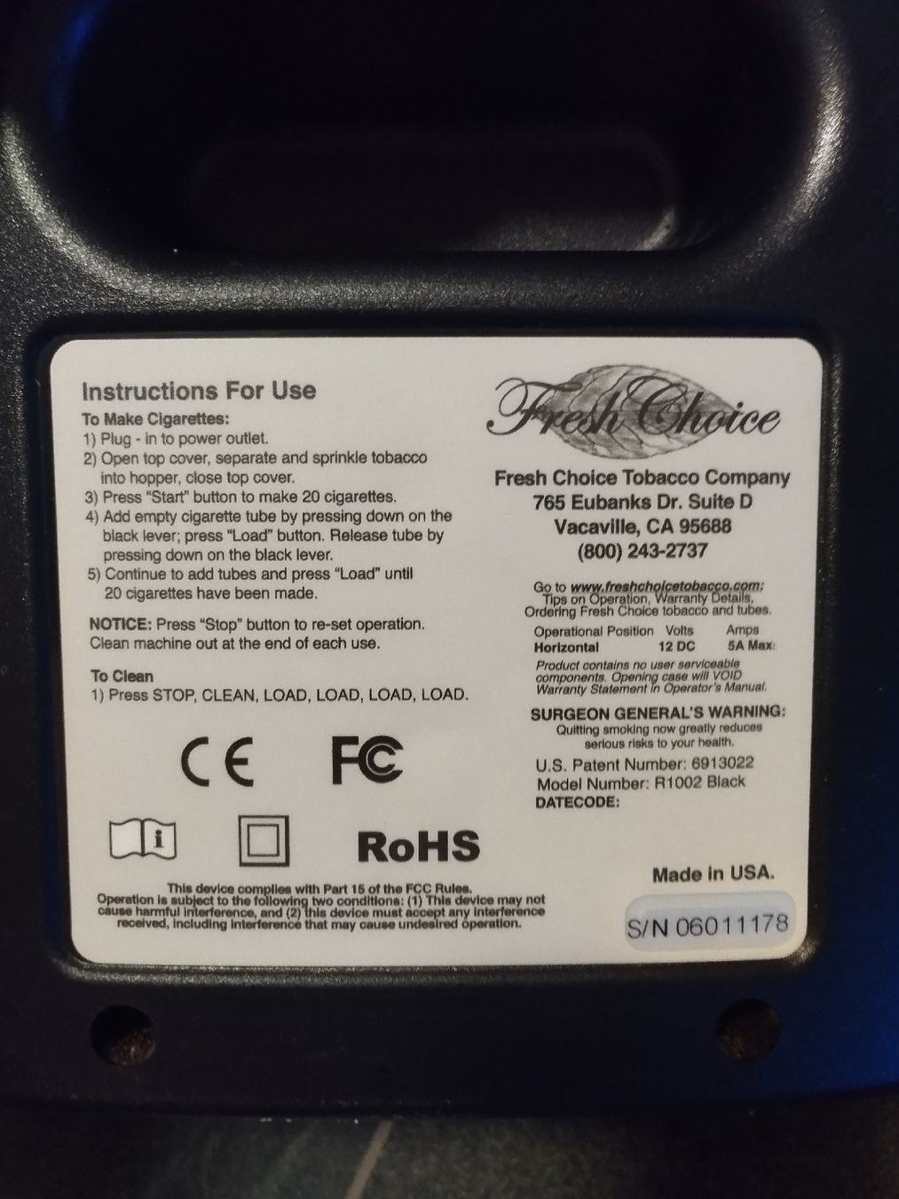 Alle Maschinen: Zigarettenstopfmaschine von Fresh Choice, Modell R1002. – Gebraucht aus Fischenthal von JURIGINAL 2