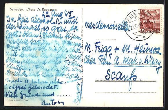 Cartoline postali: AK Samaden, Chesa Dr. Ruppanner, 1945 – Usato da Berlin venduto da bartko-reher 1