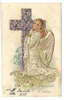 Gesegnete Ostern - Engel - Kreuz - tolle Präge-Litho - 1906