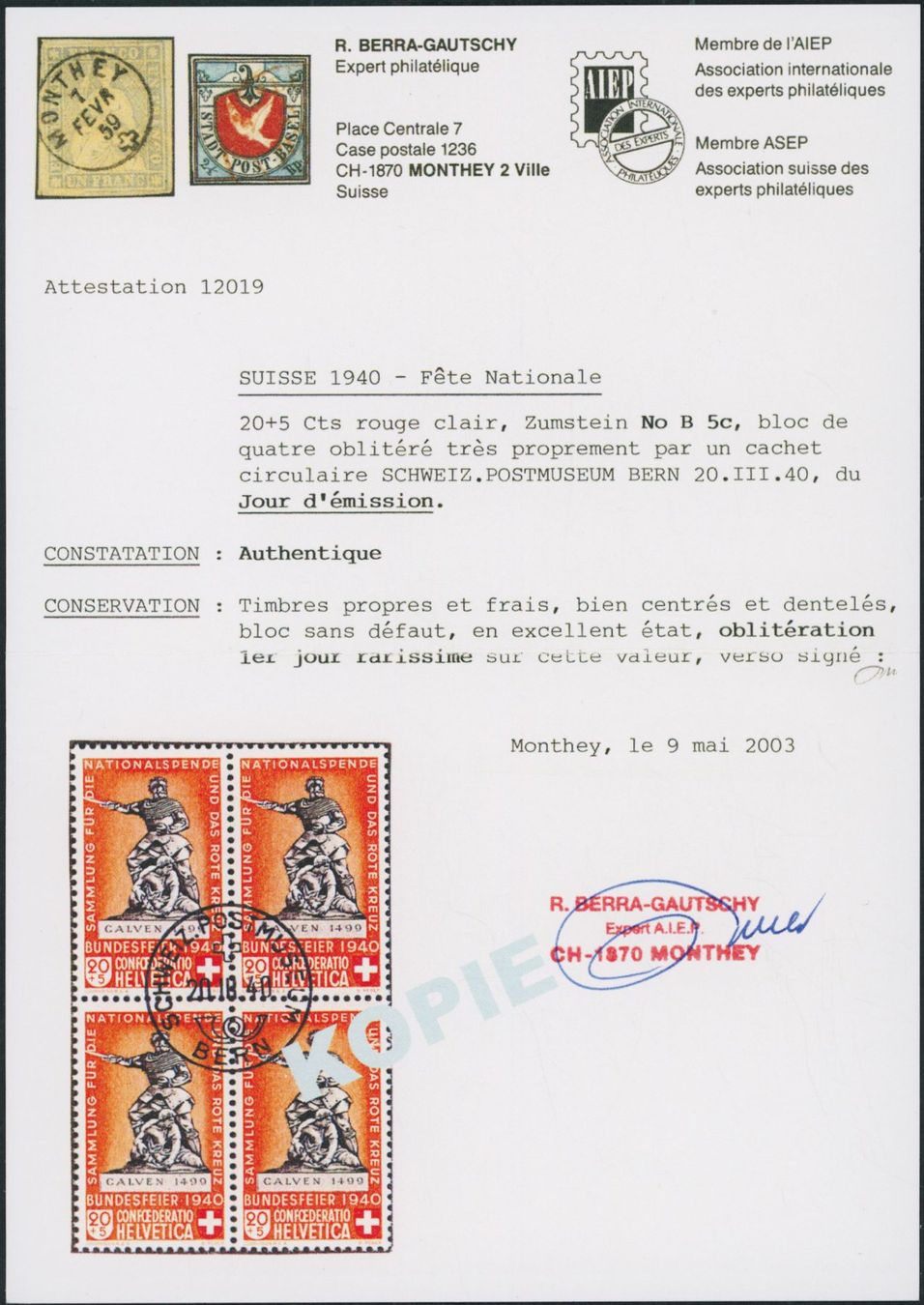 Alle Briefmarken: 1940  Pro Patria - Viererblock - Ersttag ET - "die hellrote" – Gebraucht aus Schindellegi von leecollect 1