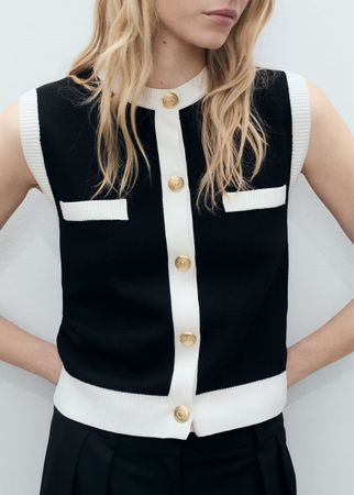 MANGO Strickweste/Top Schwarz-Weiss mit Goldknöpfen – Gr.S 